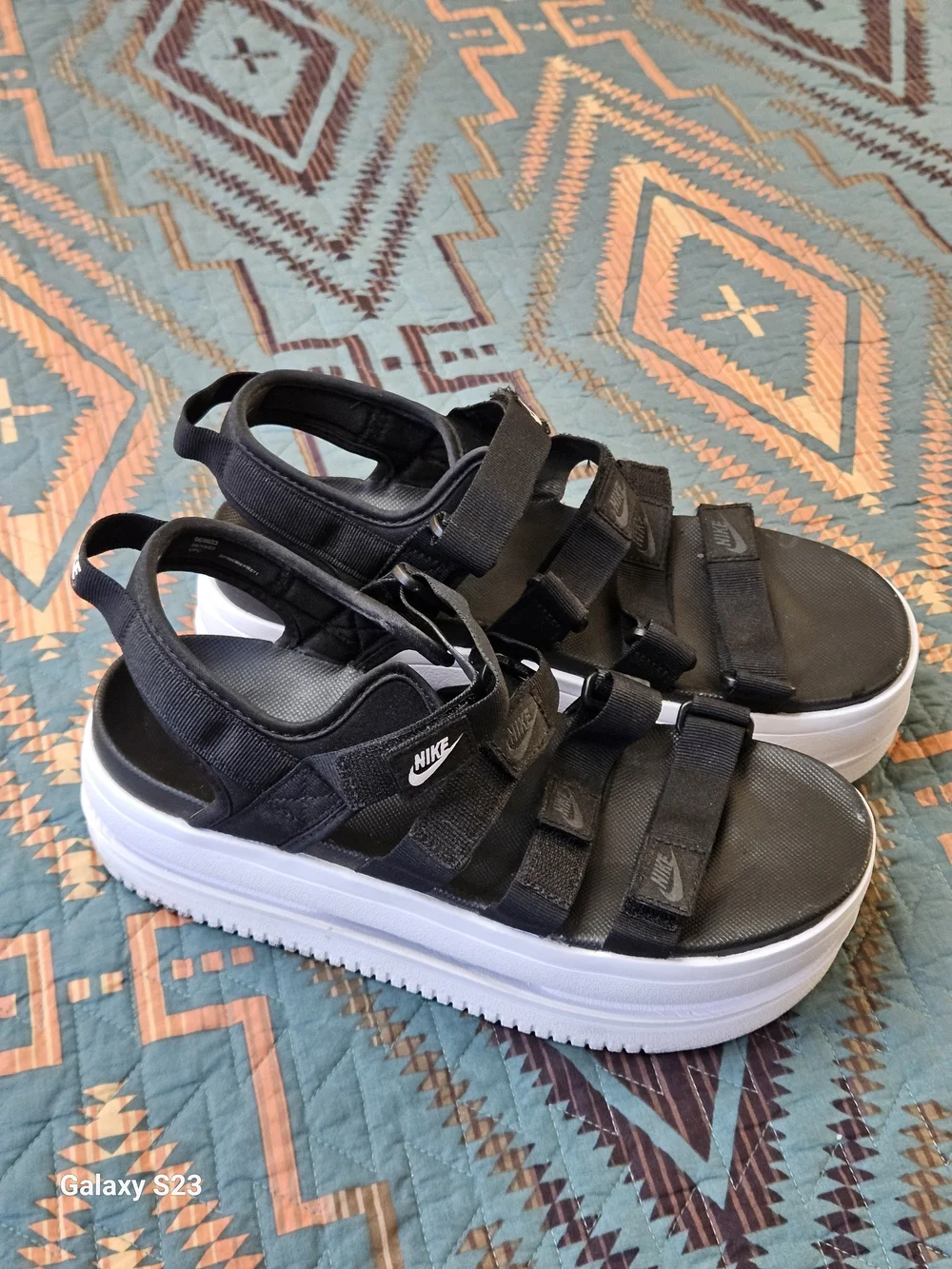 Nike Black and White Platform Strappy Sandals with Hook-and-Loop Straps